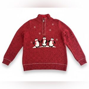 Christopher & Banks Penguin Hand Embroidered 1/4 Zip Red Sweater